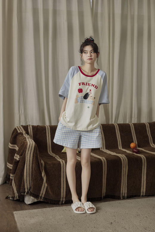 💕 【Guk*o果壳同款｜自带胸垫免穿bra的卡通甜美撞色睡衣套装】🌿｜下楼扔垃圾&朋友突然到访都不用换衣服了❗️ 🛒清新配色+拼接撞色+卡通图案·甜妹气质轻松拿捏 商品图3