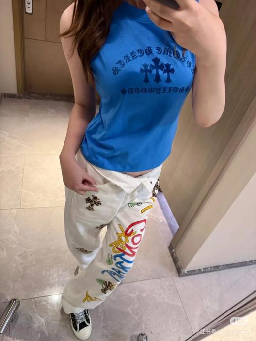 克啰&心植绒印花十字架梵文宽松背心 商品图2