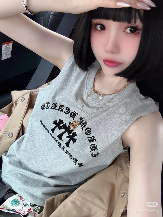 克啰&心植绒印花十字架梵文宽松背心 商品图0