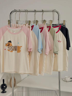 💕 【Guk*o果壳同款｜自带胸垫免穿bra的卡通甜美撞色睡衣套装】🌿｜下楼扔垃圾&朋友突然到访都不用换衣服了❗️ 🛒清新配色+拼接撞色+卡通图案·甜妹气质轻松拿捏