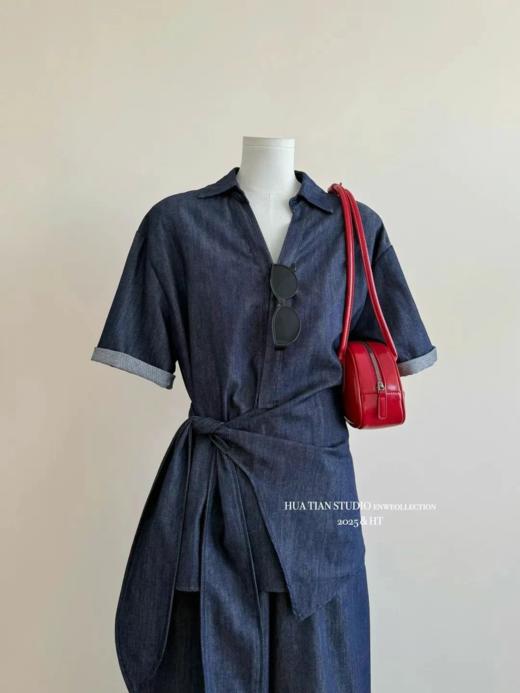 🌈【法式复古别致绑带收腰牛仔套装】 ✅ 久坐不起褶 ✅ 微弹不束缚 ✅ 透气不闷汗▫「衬衫」小V衬衫领+门襟设计，修饰脸型美化胸型 系列设计都在线👏🏻 商品图1