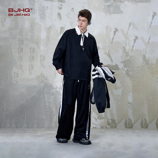 BJHG不计后果 美式高街POLO衫男春季流行宽松简约仿麂皮绒长袖t恤 商品图3