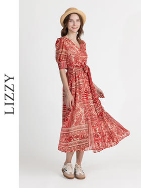 LIZZY优雅法式时尚V领裹身裙印花雪纺一片式度假连衣裙8071