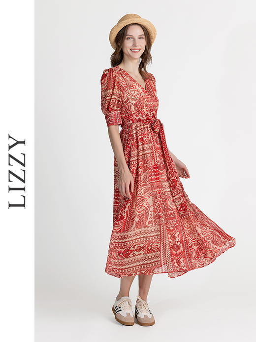 LIZZY优雅法式时尚V领裹身裙印花雪纺一片式度假连衣裙8071 商品图0