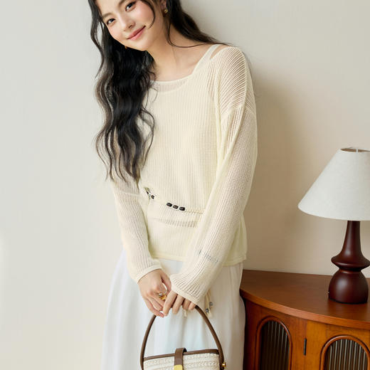 【严选】诗凡黎两件套镂空针织衫女25夏新款设计感慵懒风罩衫薄纱外搭上衣7G4130621 商品图1