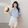 熙世界假两件蓝色衬衫女短袖2025夏季新款法式设计感气质翻领上衣 商品缩略图4