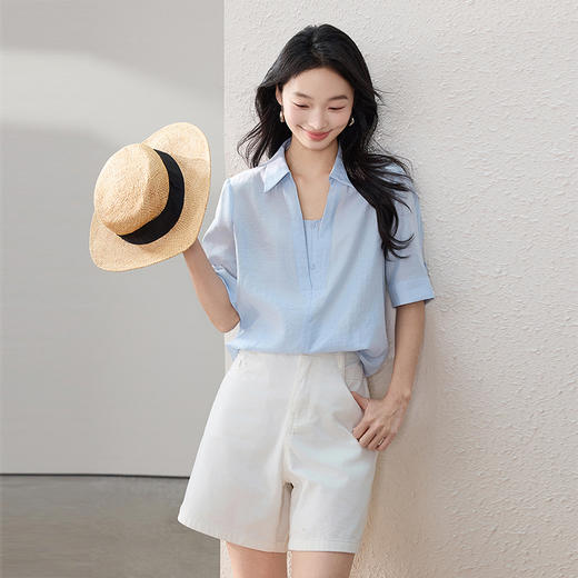 熙世界假两件蓝色衬衫女短袖2025夏季新款法式设计感气质翻领上衣 商品图4