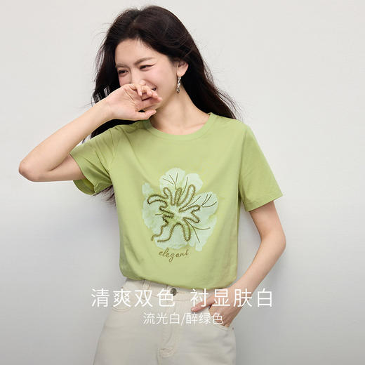 【周末秒杀】熙世界休闲假日风印花短袖T恤女夏季新款气质圆领正肩新疆棉上衣 商品图1
