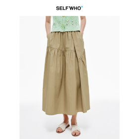 SELFWHO纯棉卡其色半身裙女2025夏新款不规则分割宽松优雅A字半裙