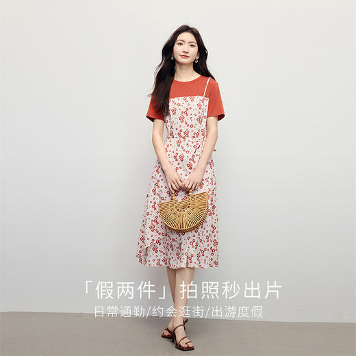 熙世界法式休闲短袖拼接荷叶边裙假两件碎花连衣裙女2025夏日新款 商品图2