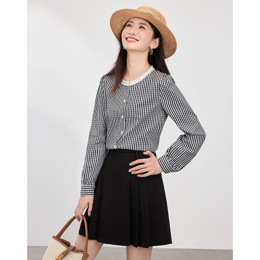 【专属特价】熙世界优雅精致格子衬衣女2025春夏季新时尚休闲泡泡袖通勤衬衫上衣 商品图1