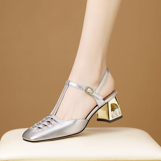 【预售5天】优雅气质时装鞋夏季新款女鞋方头粗跟高跟鞋镂空搭扣包头后空凉鞋HY&H3655 商品图0