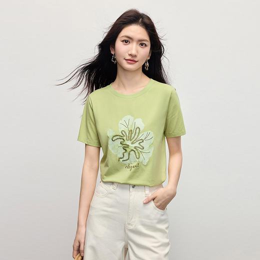 【周末秒杀】熙世界休闲假日风印花短袖T恤女夏季新款气质圆领正肩新疆棉上衣 商品图4