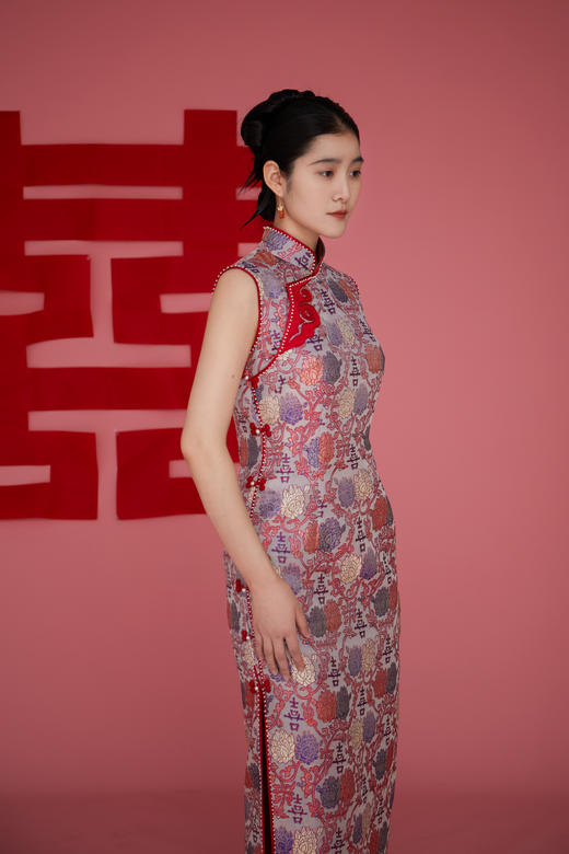 荷言HEYEN 花嫁 非遗并蒂喜字纹双面异色罗新娘旗袍手工葫芦盘扣高定系列 商品图2