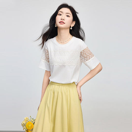 熙世界白色蕾丝拼接T恤女夏2025新款圆领短袖体恤独特超好看上衣 商品图3