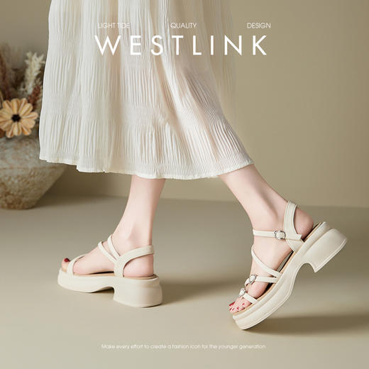 西遇厚底凉鞋女新款夏季时装鞋甜美水钻一字带配裙子增高凉鞋D0956706 商品图1