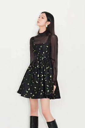 ANSUABEL 甜酷黑纱花朵肌理感连衣裙两件套装 18228