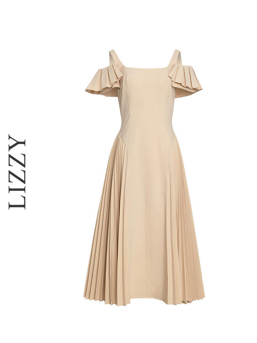 LIZZY法式赫本风露肩气质轻奢飞袖百褶大裙摆礼服宴会连衣裙8054 商品图4