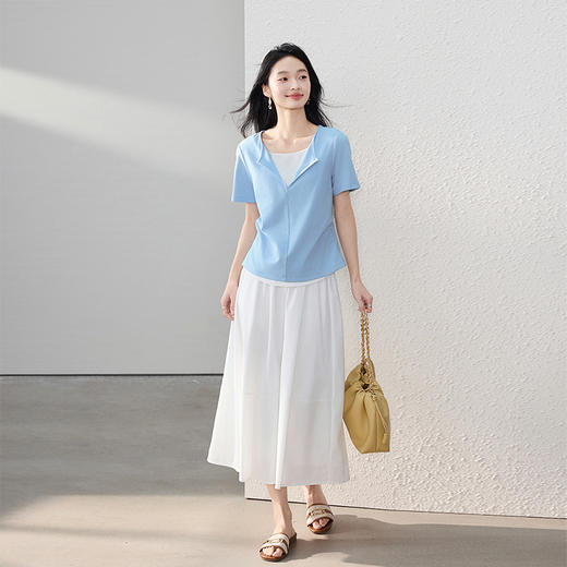 【专属特价】熙世界浅蓝色假两件短袖T恤女2025夏季设计感半拉链收腰显瘦上衣 商品图4