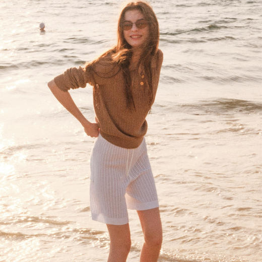 lost in echo2025春夏新款钩花镂空长袖透气POLO针织衫针织中短裤 商品图0