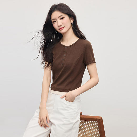 【专属特价】熙世界正肩鱼骨假两件t恤女短袖2025年新款夏季修身显瘦圆领上衣 商品图4