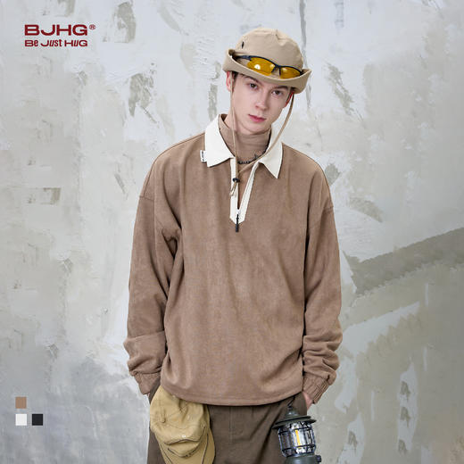 BJHG不计后果 美式高街POLO衫男春季流行宽松简约仿麂皮绒长袖t恤 商品图0