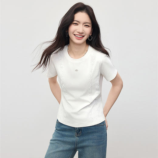 熙世界蕾丝花边拼接白色T恤女设计感圆领棉体恤上衣2025夏季新款 商品图3