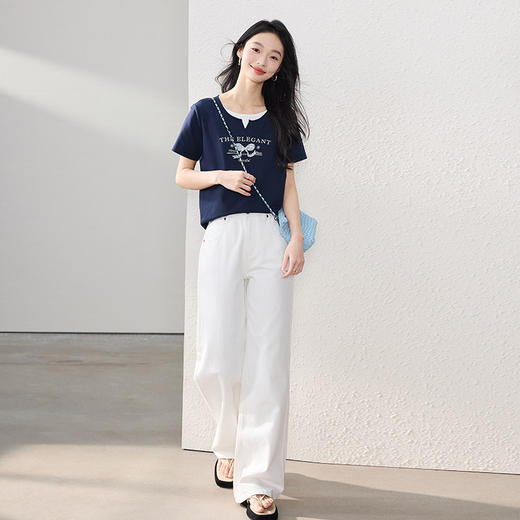 熙世界2025年夏季新款美式复古假两件T恤女短袖休闲圆领印花上衣 商品图4