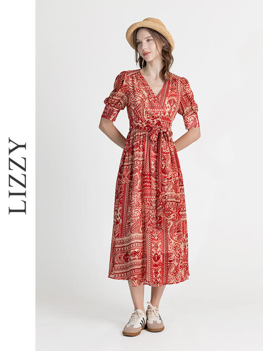 LIZZY优雅法式时尚V领裹身裙印花雪纺一片式度假连衣裙8071 商品图1