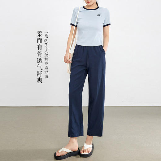 熙世界九分亚麻休闲裤女士哈伦裤2025夏季薄款高腰宽松阔腿直筒裤 商品图2