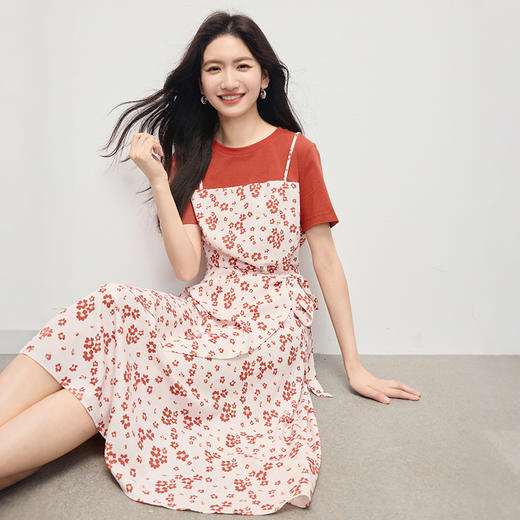 熙世界法式休闲短袖拼接荷叶边裙假两件碎花连衣裙女2025夏日新款 商品图3