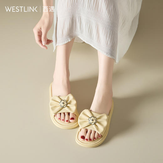 西遇凉拖鞋女夏外穿新款法式气质蝴蝶结凉鞋配裙子平底一字拖V0956708 商品图2