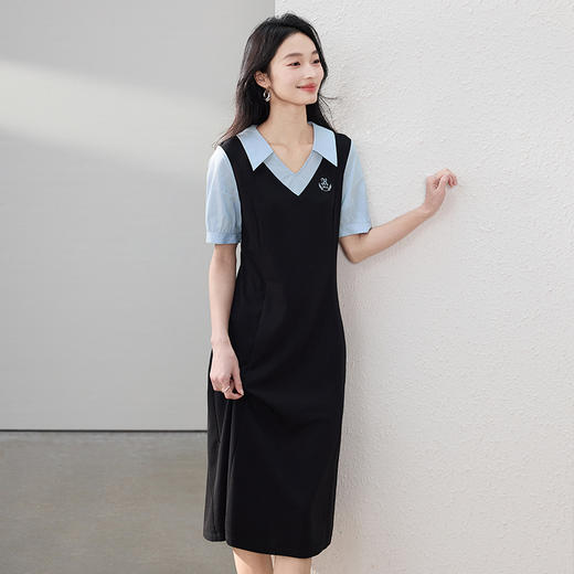【专属特价】熙世界学院风刺绣假两件连衣裙女夏季设计感撞色翻领裙子2025新款 商品图3