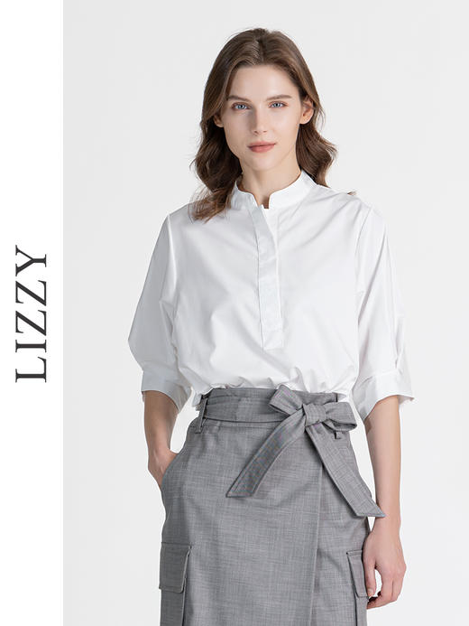 LIZZY简约通勤小立领前短后长式开叉显瘦衬衫气质休闲上衣8047 商品图3