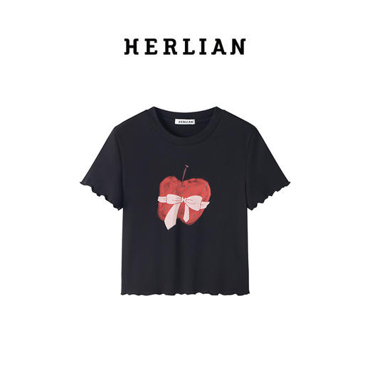 HERLIAN 2025夏季新品苹果蝴蝶结印花圆领修身短款T恤女百搭上衣 商品图3