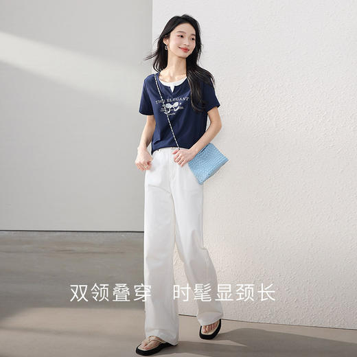 熙世界2025年夏季新款美式复古假两件T恤女短袖休闲圆领印花上衣 商品图2