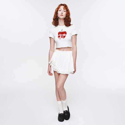 HERLIAN 2025夏季新品苹果蝴蝶结印花圆领修身短款T恤女百搭上衣 商品图0