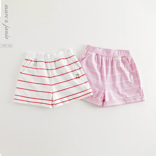 马克珍妮女童甜美刺绣条纹卷边短裤儿童裤子2025年夏装新款550697 商品图0