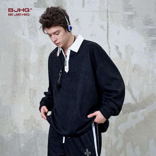BJHG不计后果 美式高街POLO衫男春季流行宽松简约仿麂皮绒长袖t恤 商品图1