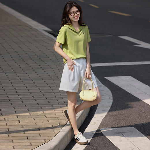 熙世界绿色海军领T恤短袖女2025夏季新款法式设计感正肩休闲上衣 商品图2