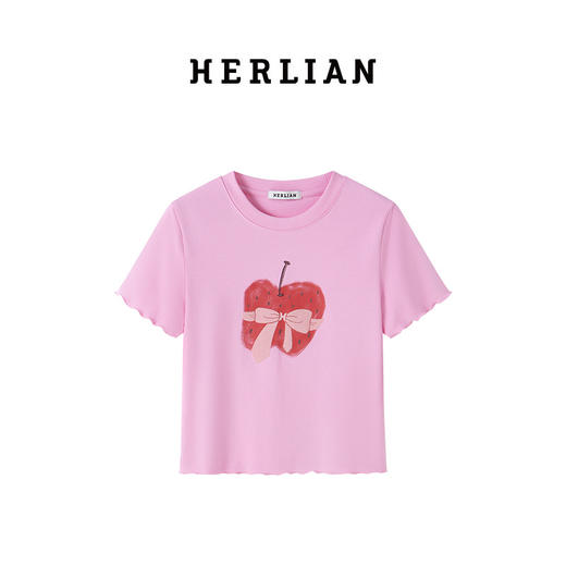 HERLIAN 2025夏季新品苹果蝴蝶结印花圆领修身短款T恤女百搭上衣 商品图4