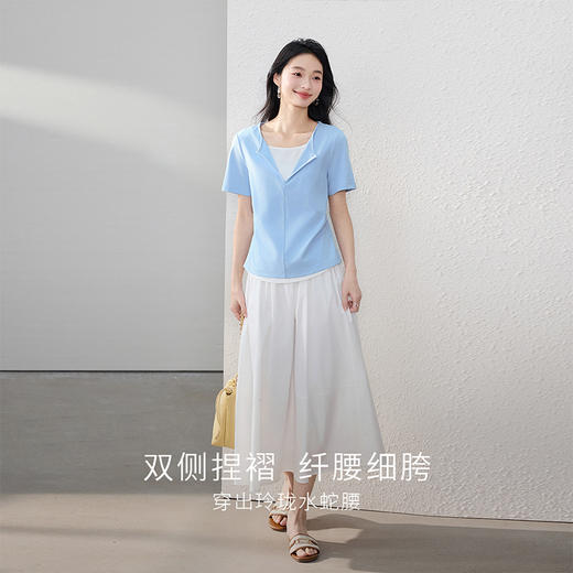 【专属特价】熙世界浅蓝色假两件短袖T恤女2025夏季设计感半拉链收腰显瘦上衣 商品图2
