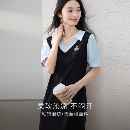 【专属特价】熙世界学院风刺绣假两件连衣裙女夏季设计感撞色翻领裙子2025新款 商品图1