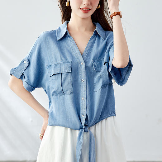 馥迦天丝系带短袖牛仔衬衫 商品图2
