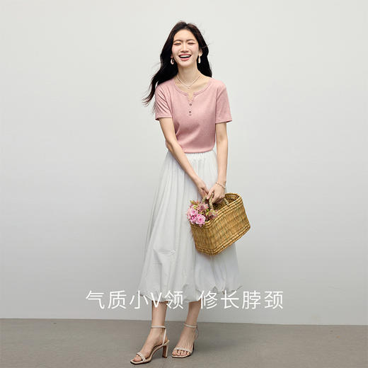 【专属特价】熙世界气质正肩粉色T恤短袖女2025夏季新款基础百搭休闲体恤上衣 商品图2