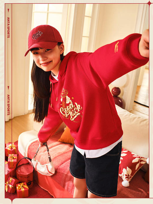 安踏（ANTA）好事发生丨新年圆领套头卫衣女款夏季宽松刺绣休闲上衣162518730 浓郁红-2 商品图4