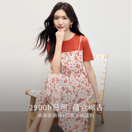 熙世界法式休闲短袖拼接荷叶边裙假两件碎花连衣裙女2025夏日新款 商品图1