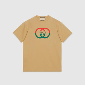 GUCCI 古驰 男士互扣式双G印花棉质针织圆领短袖T恤 驼色 771758 XJF68 2293