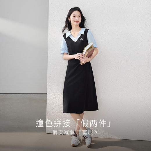 【专属特价】熙世界学院风刺绣假两件连衣裙女夏季设计感撞色翻领裙子2025新款 商品图2