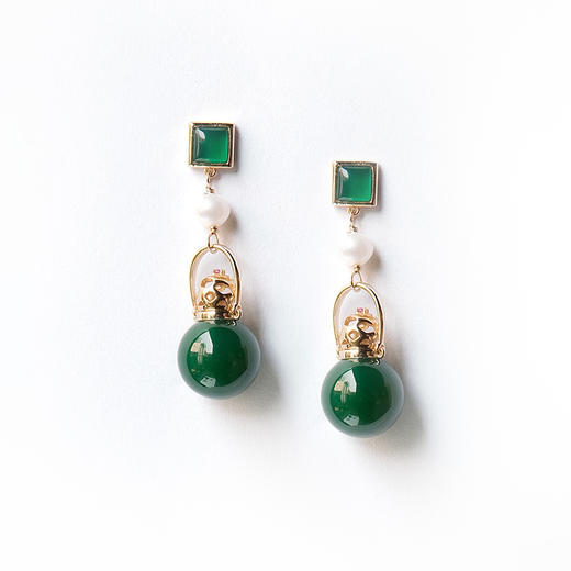 MELI&MOLI 绿玛瑙迷你圆球瓶方形耳钉镂空头耳环—五行之木【D类】 商品图1